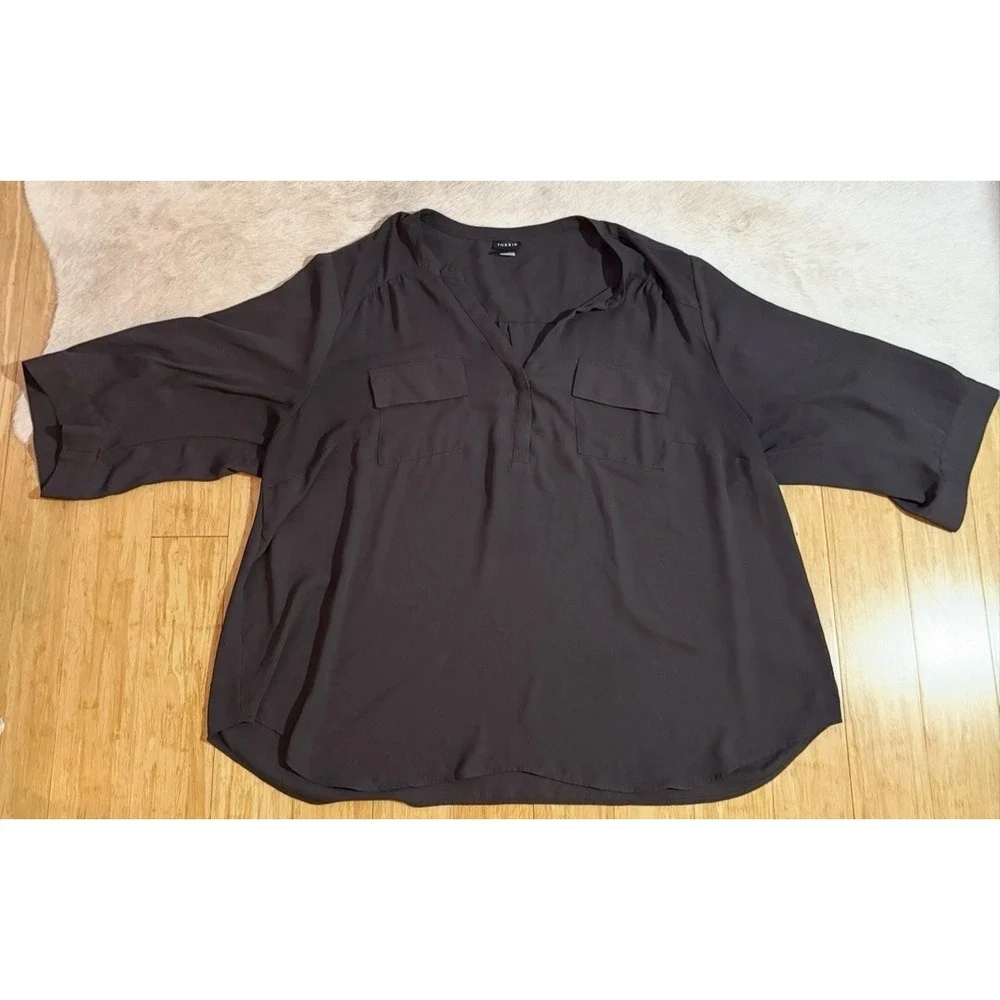 Torrid Size 4 Harper Georgette Pullover 3/4 Sleeve‎ Blouse, Black Womens Pockets - Picture 4 of 5